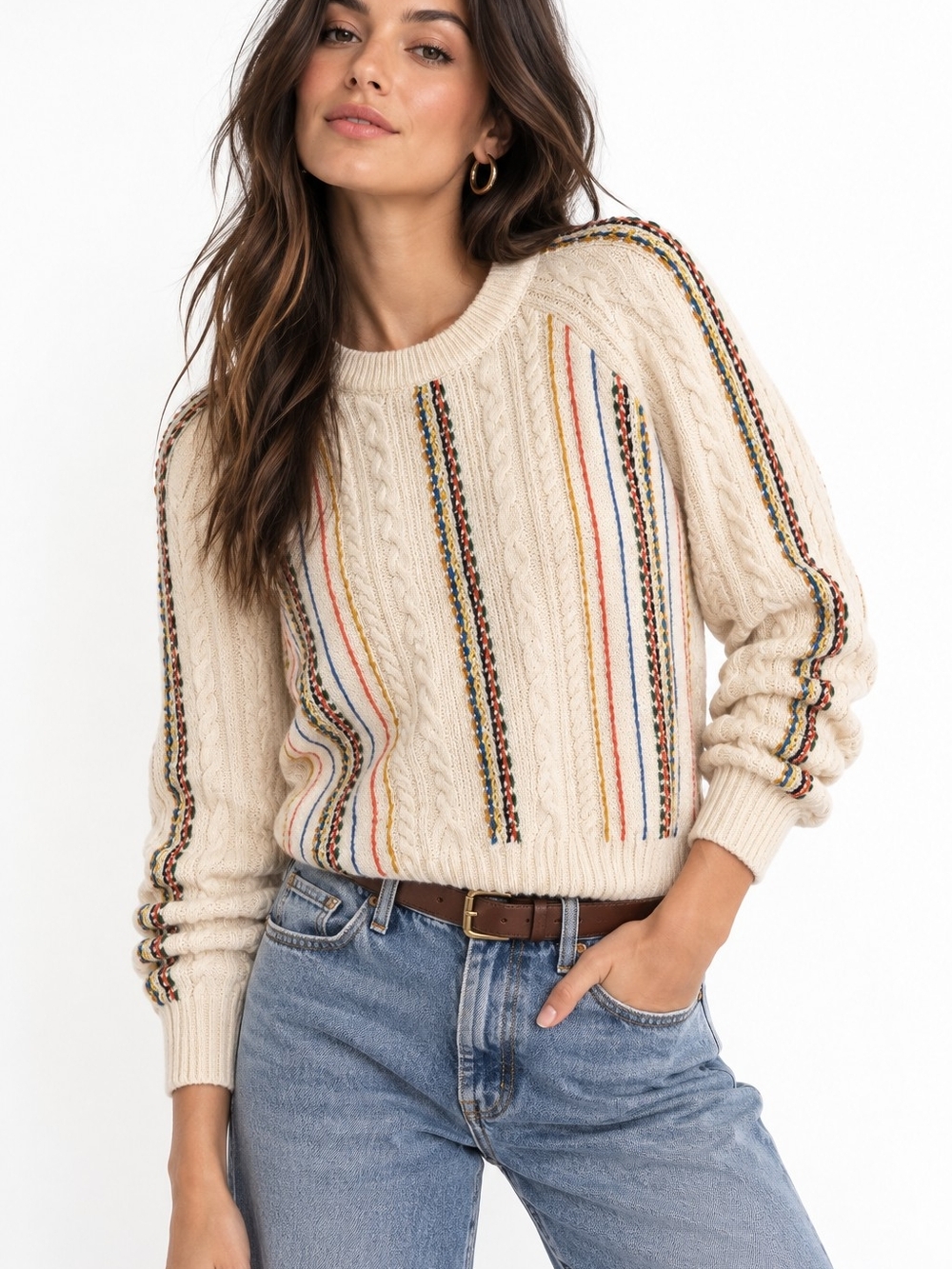 The Reeds Cream Cable Knit Multicolor Stripe Sweater XS